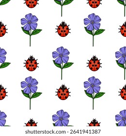 Seamless vector pattern of charming ladybugs and periwinkle flowers, a delightful spring design perfect for textile, wallpaper, or surface decoration.