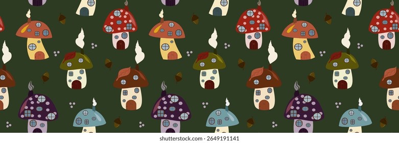 Padrão de vetor sem emenda de casas de cogumelos encantadores e bolotas em um fundo verde escuro. Ideal para tecidos de outono, decoração de conto de fadas e desenhos infantis encantadores.