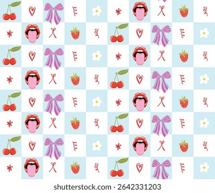 Seamless vector pattern with checker background, cherry, bow, lips, tongue, mouth, and heart. Cute retro girly design.