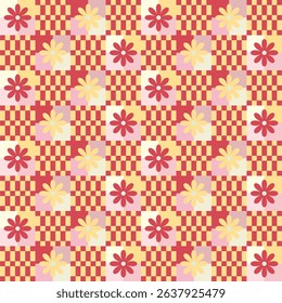 Seamless vector pattern. Checkerboard background with daisy flowers, abstract lines. Geometric retro design