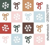 Seamless vector pattern with a checkerboard design featuring pastel bows with ribbons and snowflakes. Soft, playful, perfect for gift wrapping, holiday cards, and winter decor