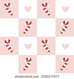 Seamless vector pattern with a checkerboard design featuring striped Christmas caramel canes with a heart in a simple, cartoonish doodle style. Festive, cheerful, perfect for gift wrapping.