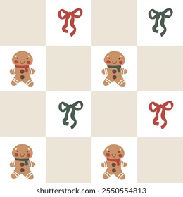 Seamless vector pattern with a checkerboard design in pastel colors, featuring gingerbread men and playful bows in a cartoonish doodle style. Child-friendly, perfect for gift wrapping holiday decor