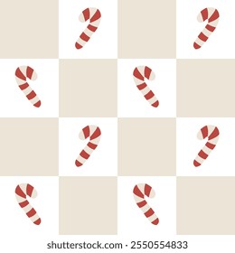 Seamless vector pattern with a checkerboard design featuring striped Christmas caramel canes in a simple, cartoonish doodle style. Festive, cheerful, perfect for gift wrapping, holiday cards, decor