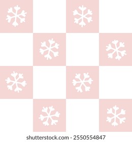 Seamless vector pattern with a checkerboard design and pastel pink and white snowflakes. Soft, minimalistic style perfect for gift wrapping, Christmas cards, holiday decorations, and winter crafts