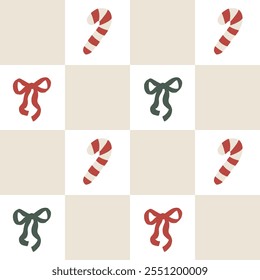 Seamless vector pattern with a checkerboard design in pastel colors, featuring striped Christmas caramel canes and playful bows in a cartoonish doodle style. Child-friendly, perfect for gift wrapping