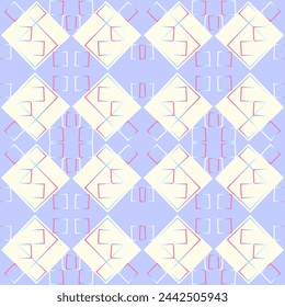 Seamless vector pattern with checkerboards and geometric shapes, gradient squares. Suitable for interior, wallpaper, fabrics, clothing, stationery.
