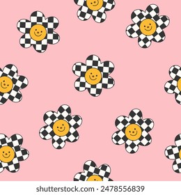 Seamless vector pattern with checkered happy flower. Cute daisy with smiling face in y2k style on pink background. Positive groovy texture for wallpaper, wrapping paper, textile