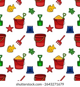 Seamless vector pattern of cheerful beach toys: red buckets, green shovels, rakes, sandcastles, starfish, and turtles, creating a playful summer vibe.