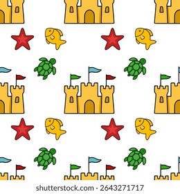 Seamless vector pattern of cheerful cartoon sandcastles, starfish, goldfish, and turtles, perfect for kids summer designs.