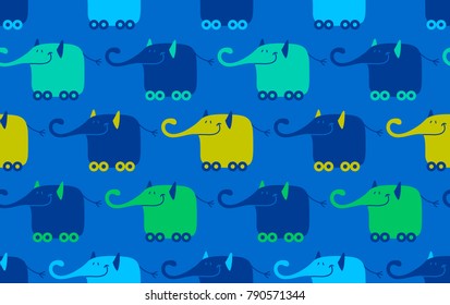 Seamless vector pattern with cheerful cartoon elephants in the blue background.