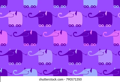 Seamless vector pattern with cheerful cartoon elephants in the violet background.