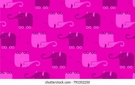 Seamless vector pattern with cheerful cartoon elephants in the shades of pink.