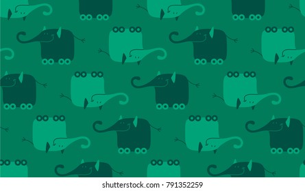 Seamless vector pattern with cheerful cartoon elephants in the shades of green.