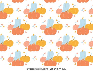 Seamless vector pattern with cheerful and colorful pumpkins in vibrant colors – perfect for autumn decorations, greeting cards, textiles, banners, and Thanksgiving materials.