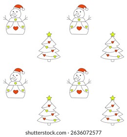Seamless vector pattern with cheerful snowmen and decorated Christmas trees on white background. Perfect for holiday gift wrapping, packaging, and festive printables.