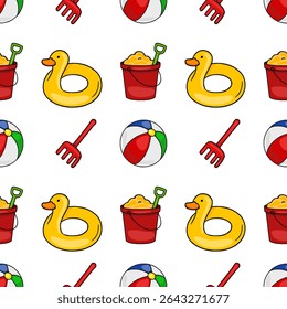 Seamless vector pattern of cheerful summer beach toys: inflatable duck, beach ball, bucket and spade, creating a playful and vibrant design perfect for kids products or summer-themed projects.