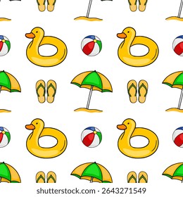 Seamless vector pattern with cheerful yellow duck inflatable rings, beach umbrellas, flip-flops, and beach balls, creating a vibrant summer holiday design.