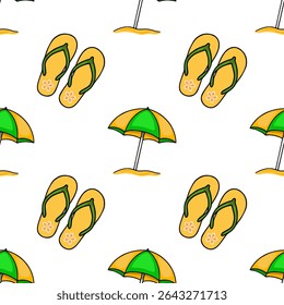 Seamless vector pattern of cheerful yellow flip-flops and vibrant yellow-green beach umbrellas on a white background, creating a playful summer vibe.