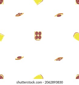A seamless vector pattern of cheese and sausage sandwiches isolated on transparent background. Designed in yellow, maroon, light brown colors for wallpapers, prints, backgrounds, wraps, templates