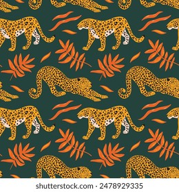 Seamless vector pattern with cheetah, leopard cat and exotic tropical jungle plants, wildlife in colorful cartoon style, funky groovy illustration for wrapping paper, fabric, wallpaper decoration 