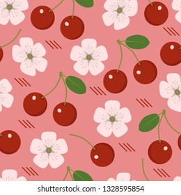 Seamless vector pattern of cherries and cherry flowers on a red background for decoration, design, packaging, fabric.