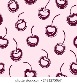 
Seamless vector pattern with cherries, graphics, dark burgundy silhouettes of cherries on a light pink background