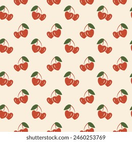 Seamless vector pattern of cherries with heart shape, vintage style. Background design for print, fabric, wallpaper.