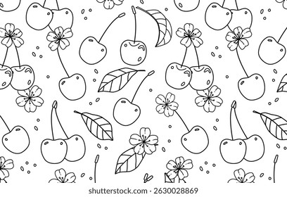 Seamless vector pattern of cherries, leaves and flowers in hand sketch style. Black and white print for textile, wrapping paper, packaging, summer designs and surface prints. Cherry background
