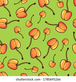 seamless vector pattern with cherries on the green background