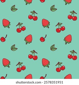 Seamless vector pattern with cherries and strawberries. Red cute vibrant berries with leafs on turquoise blue -green background.	