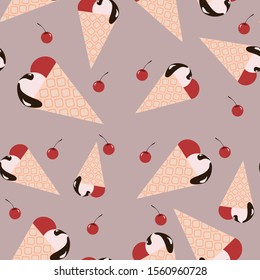 Seamless vector pattern with cherries and strawberry-vanilla ice-cream cones. Cute minimalistic packaging design. 