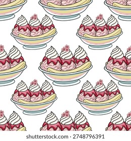 Seamless vector pattern of cherry blossom banana split ice cream sundaes with whipped cream and pink sauce, perfect for dessert themes.