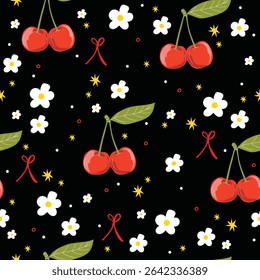 Seamless vector pattern with cherry, bow, stars and cherry blossom. Black cute girly background.