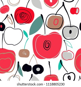 Seamless vector pattern with cherry. Summer background in scandinavian style.