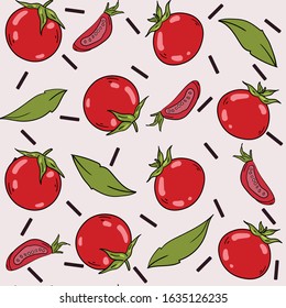 Seamless vector pattern with cherry tomato and leaves on light pink background. Wallpaper, fabric and textile design. Cute wrapping paper pattern with vegetable. Good for printing.