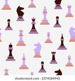 Seamless vector pattern with chess.  Vector illustration the design of sports chess projects.  Colorful chess  figures vector illustration.  King,  Queen,  Rook,  Bishop,  Knight, Pawn.    