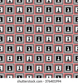 Seamless vector pattern with chess pieces. Decorative repeating black, white and red ornament. Series of Geometric and Ornamental Patterns.