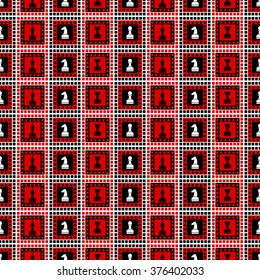 Seamless vector pattern with chess pieces. Decorative repeating black, white and red ornament. Series of Geometric and Ornamental Patterns.