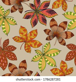 seamless vector pattern with chestnut falls leaves in zentangle style