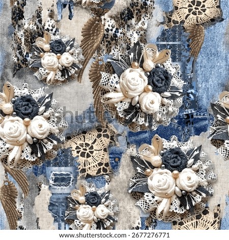 Seamless vector pattern with a chic denim and lace collage featuring elegant fabric roses, metallic wings, and touches of animal print. A sophisticated allover design for textile and fashion.

