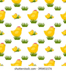 Seamless vector pattern with chicken. Easter egg hunt seamless pattern. Happy Easter Egg Hunt. Seamless pattern with egg hunt. Spring chicken background with happy easter chicken symbols.