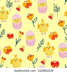 Seamless vector pattern chicken, egg and flowers. Hand Drawn Bunny and heart, print design rabbit background. Print Design Textile for Easter and Kids Fashion.