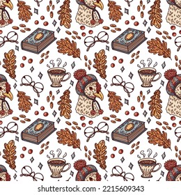 Seamless vector pattern with a chicken in a knitted hat, a cup with tea, glasses, a book, oak leaves, nuts and berries. Digital illustration on the theme of cozy autumn for wrapping paper and etc.