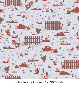Seamless vector pattern with chickens and rocks on grey background. Animal farm wallpaper design line art. Simple country house fabric fashion.
