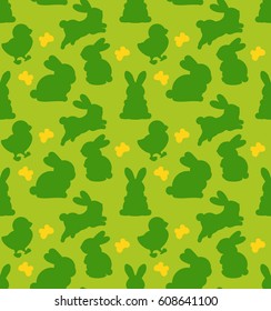 Seamless vector pattern of chickens squirrels and bunnies. Easter background.