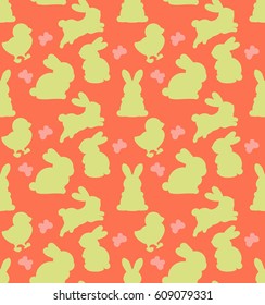 Seamless vector pattern of chickens squirrels and bunnies. Easter background.