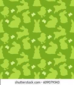 Seamless vector pattern of chickens squirrels and bunnies. Easter background.