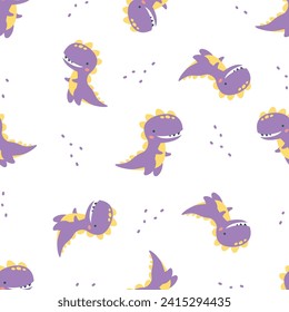 Seamless vector pattern in child style on white background. Cute dinosaur on a white background