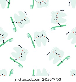 Seamless vector pattern in child style on white background. Cute healthy tooth holding a toothbrush and smiling 